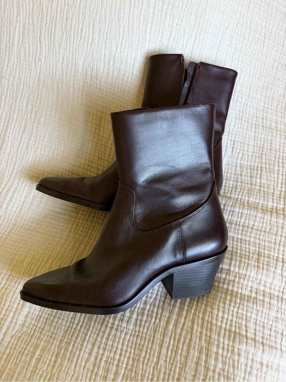 Zara Wine & Dark Brown Mid-Calf Pointed Toe Block Heel Boots